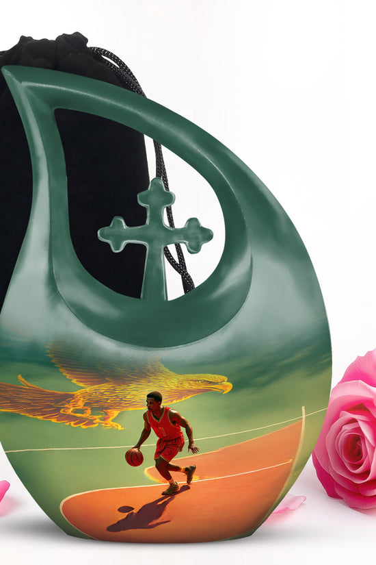 Cool Teal Basketball Cremation Urn top-down view of secure threaded lid - sacred cross merged with basketball motif on metal - full-size 10 inch 200 cubic inch adult cremation urn