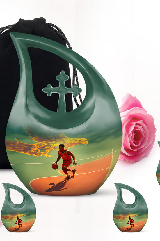 Ocean Teal Basketball Cremation Urn urn with complimentary velvet bag - sacred cross merged with basketball motif on metal - memorial set with one large and four small urns