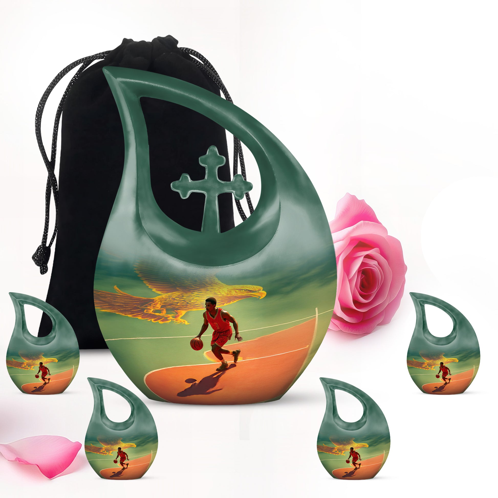 Ocean Teal Basketball Cremation Urn urn with complimentary velvet bag - sacred cross merged with basketball motif on metal - memorial set with one large and four small urns