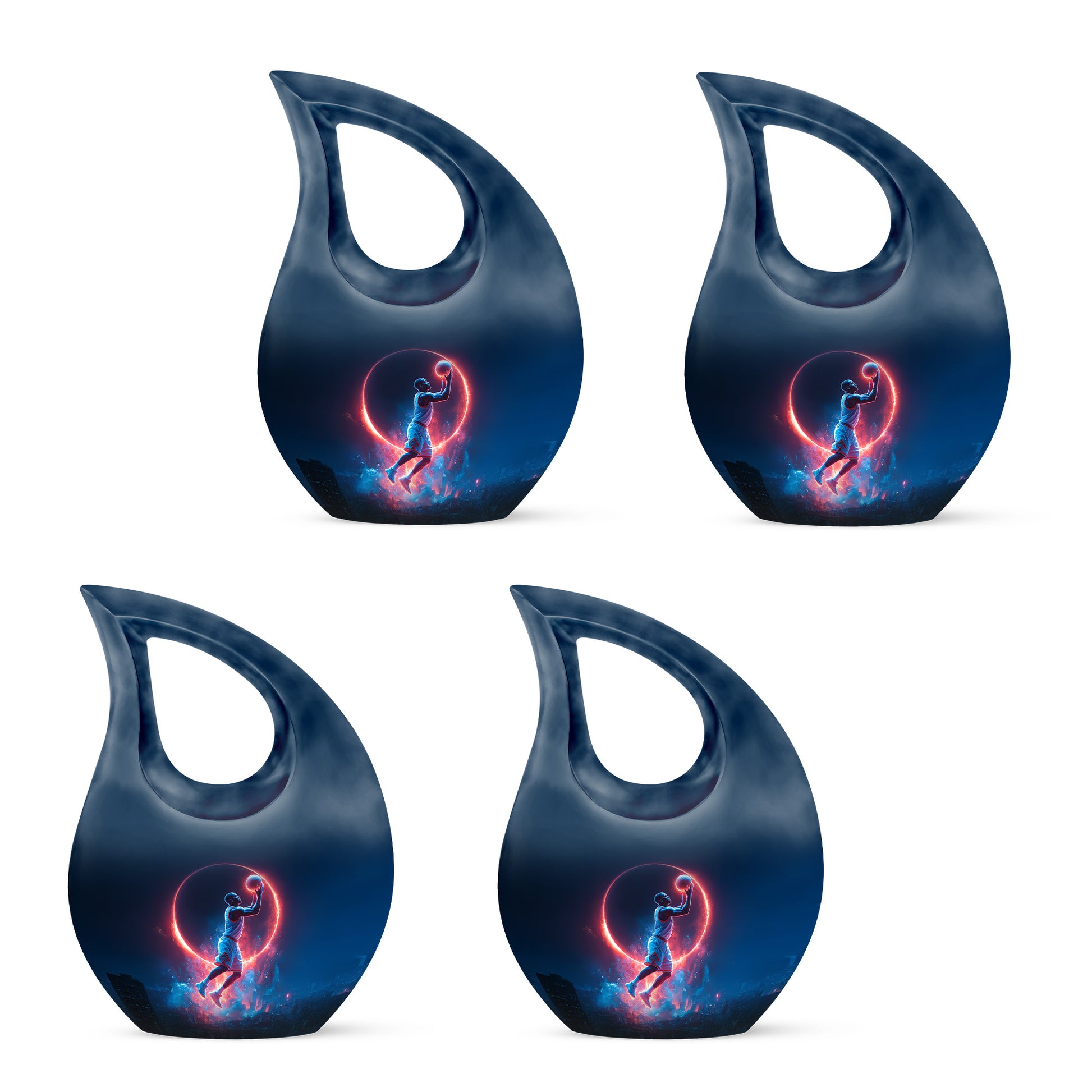 Powder Blue Basketball Cremation Urn lifestyle display on memorial shelf - sacred cross merged with basketball motif on metal - 10 inch aluminum urn for cremated remains
