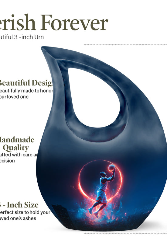 Royal Blue Basketball Cremation Urn back view with polished surface - faith-inspired cross-drop urn with basketball pattern - mini keepsake memorial for portion of cremation ashes