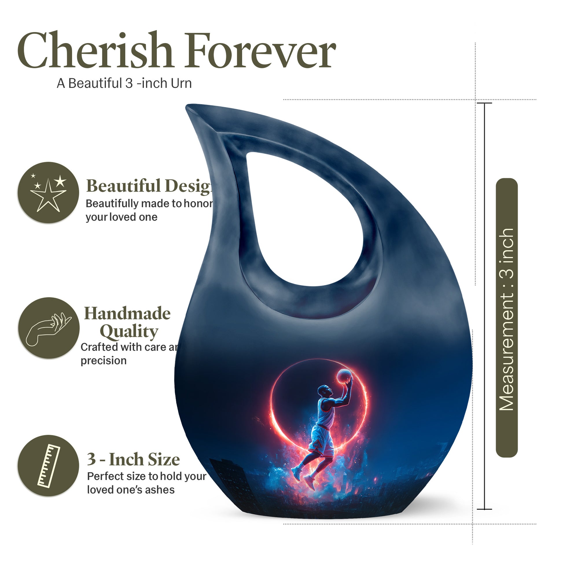 Royal Blue Basketball Cremation Urn back view with polished surface - faith-inspired cross-drop urn with basketball pattern - mini keepsake memorial for portion of cremation ashes