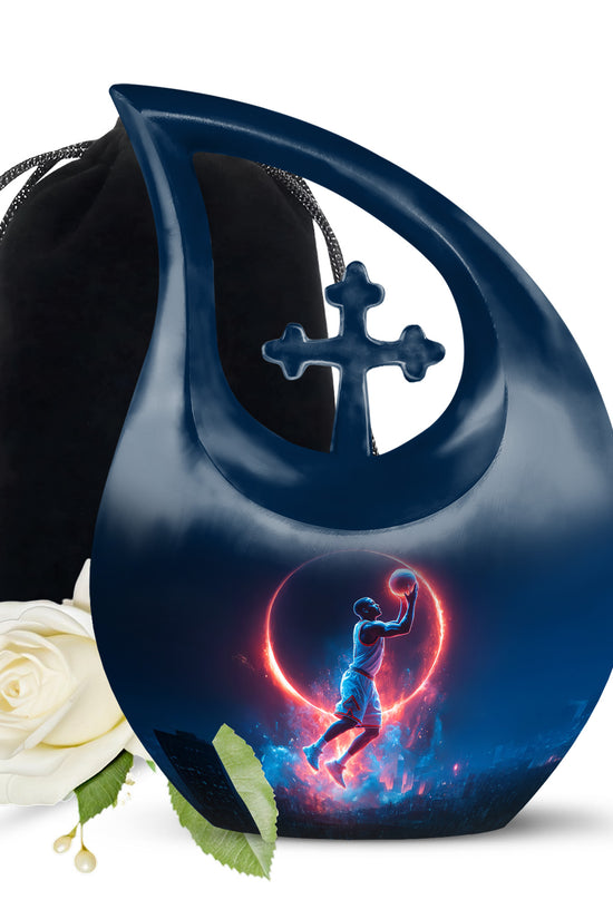 Soft Blue Basketball Cremation Urn top-down view of secure threaded lid - faith-inspired cross-drop urn with basketball pattern - full-size 10 inch 200 cubic inch adult cremation urn