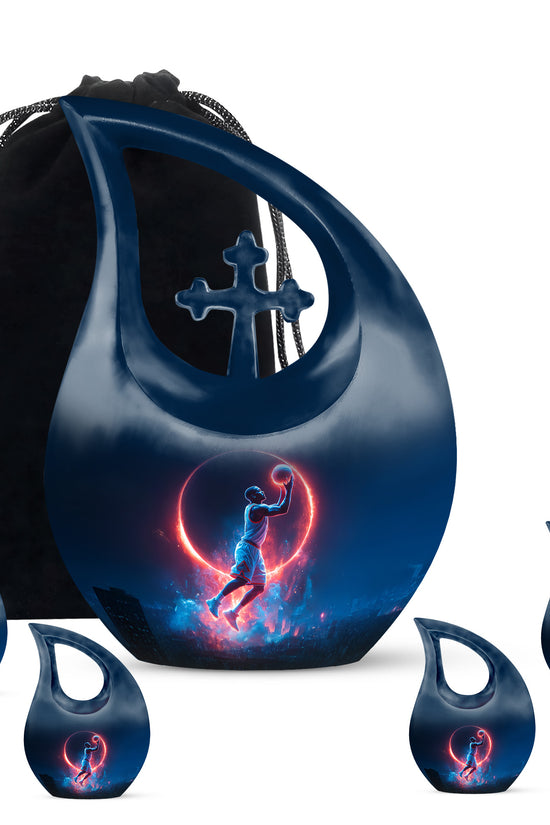 Sapphire Blue Basketball Cremation Urn urn with complimentary velvet bag - faith-inspired cross-drop urn with basketball pattern - memorial set with one large and four small urns