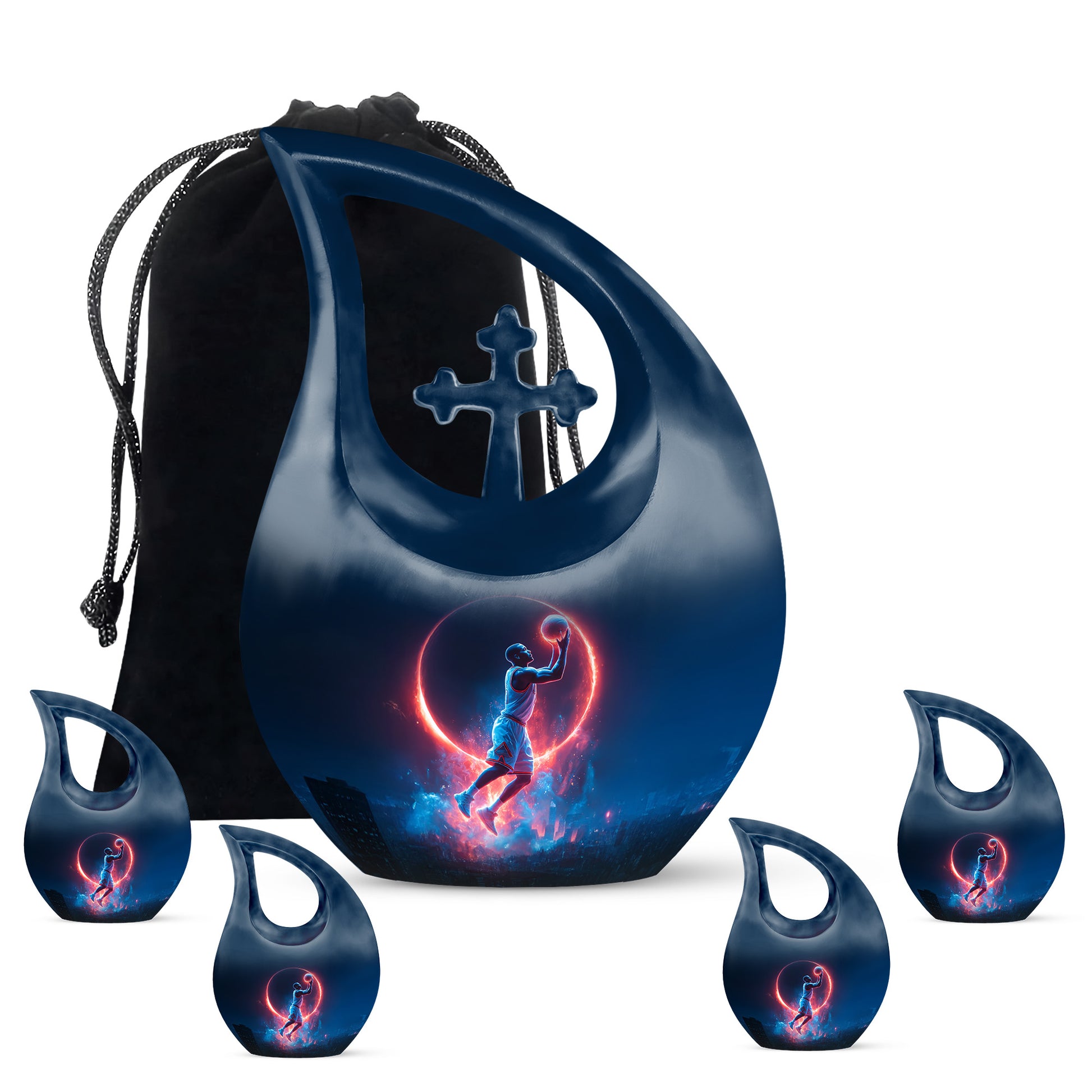 Sapphire Blue Basketball Cremation Urn urn with complimentary velvet bag - faith-inspired cross-drop urn with basketball pattern - memorial set with one large and four small urns