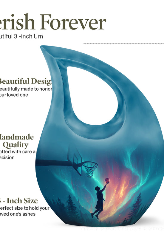 Calming Blue Basketball Cremation Urn back view with polished surface - devotional cross-drop basketball engraving - mini keepsake memorial for portion of cremation ashes