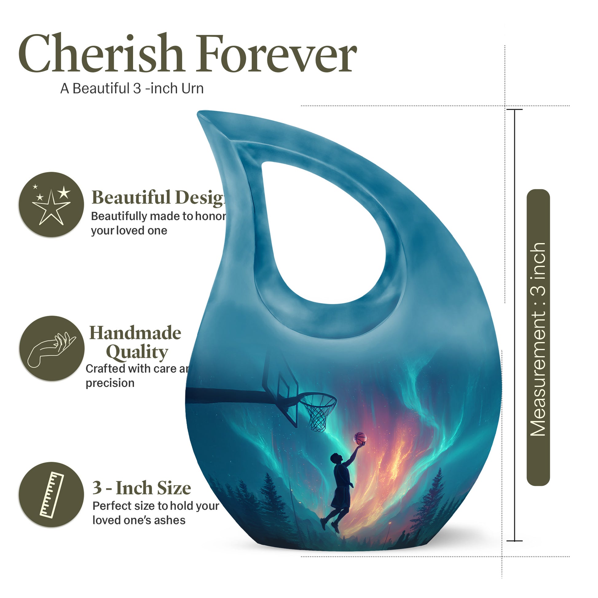 Calming Blue Basketball Cremation Urn back view with polished surface - devotional cross-drop basketball engraving - mini keepsake memorial for portion of cremation ashes