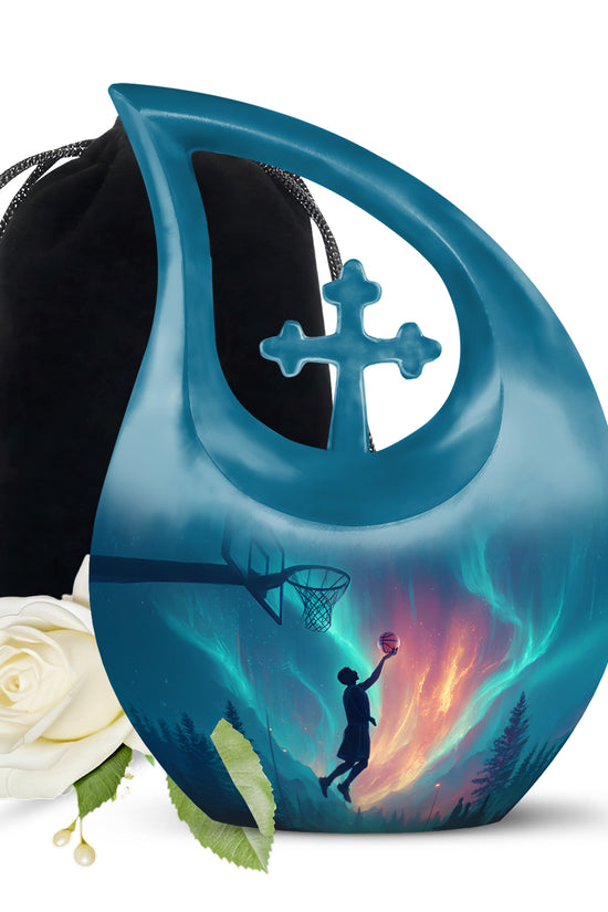 Soft Blue Basketball Cremation Urn top-down view of secure threaded lid - devotional cross-drop basketball engraving - full-size 10 inch 200 cubic inch adult cremation urn