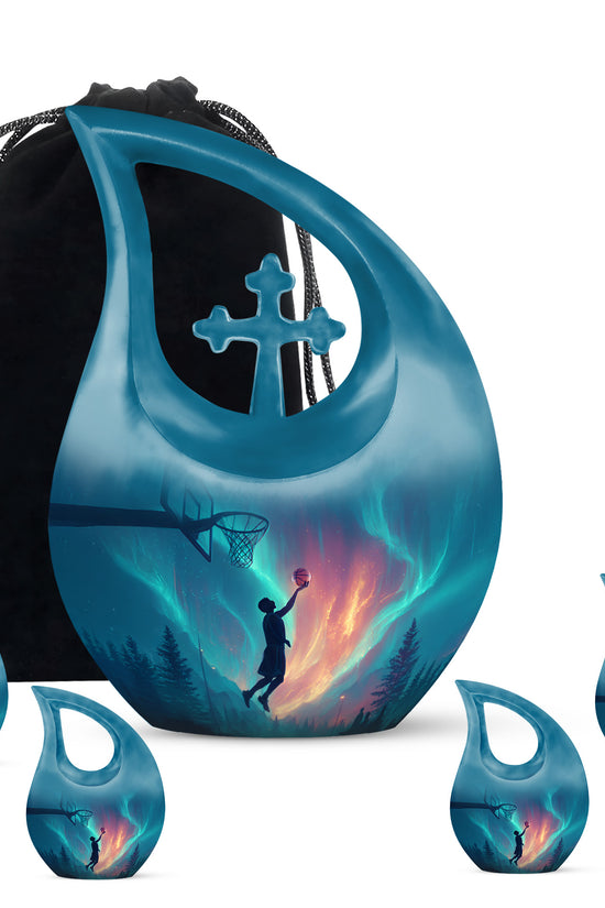 Cornflower Blue Basketball Cremation Urn urn with complimentary velvet bag - faith-inspired cross-drop urn with basketball pattern - memorial set with one large and four small urns
