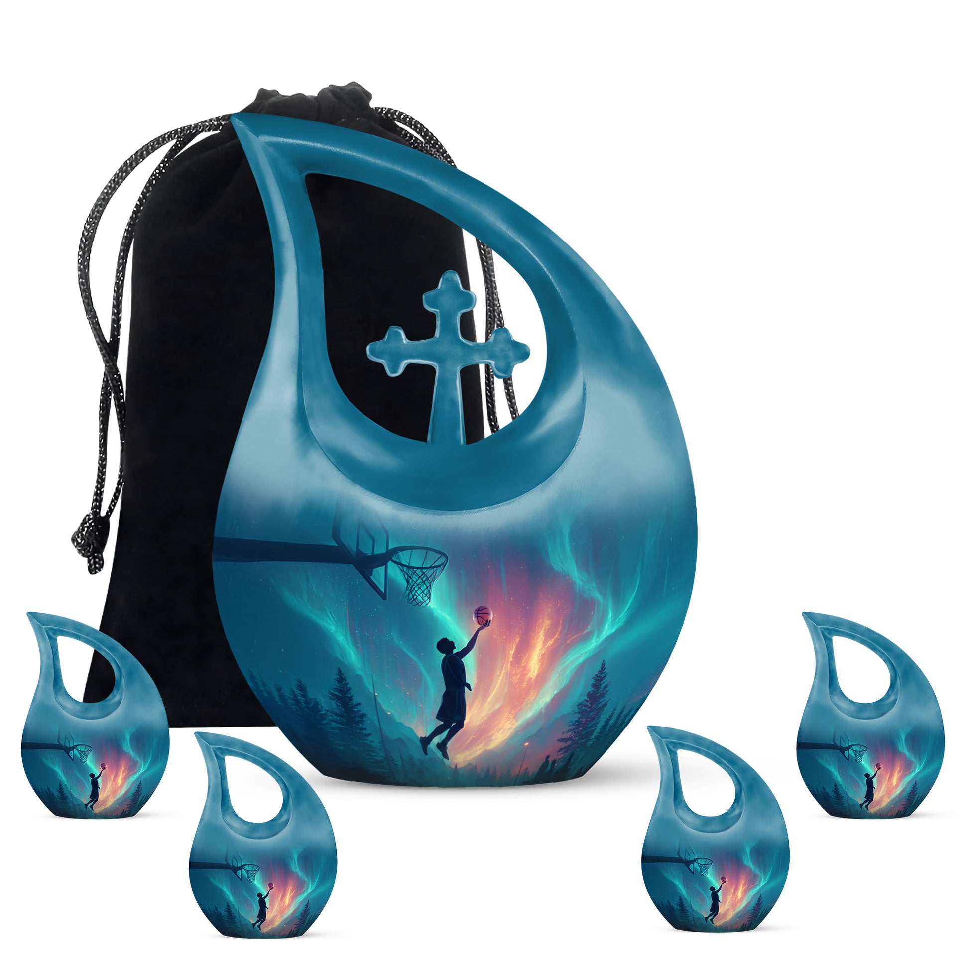 Cornflower Blue Basketball Cremation Urn urn with complimentary velvet bag - faith-inspired cross-drop urn with basketball pattern - memorial set with one large and four small urns