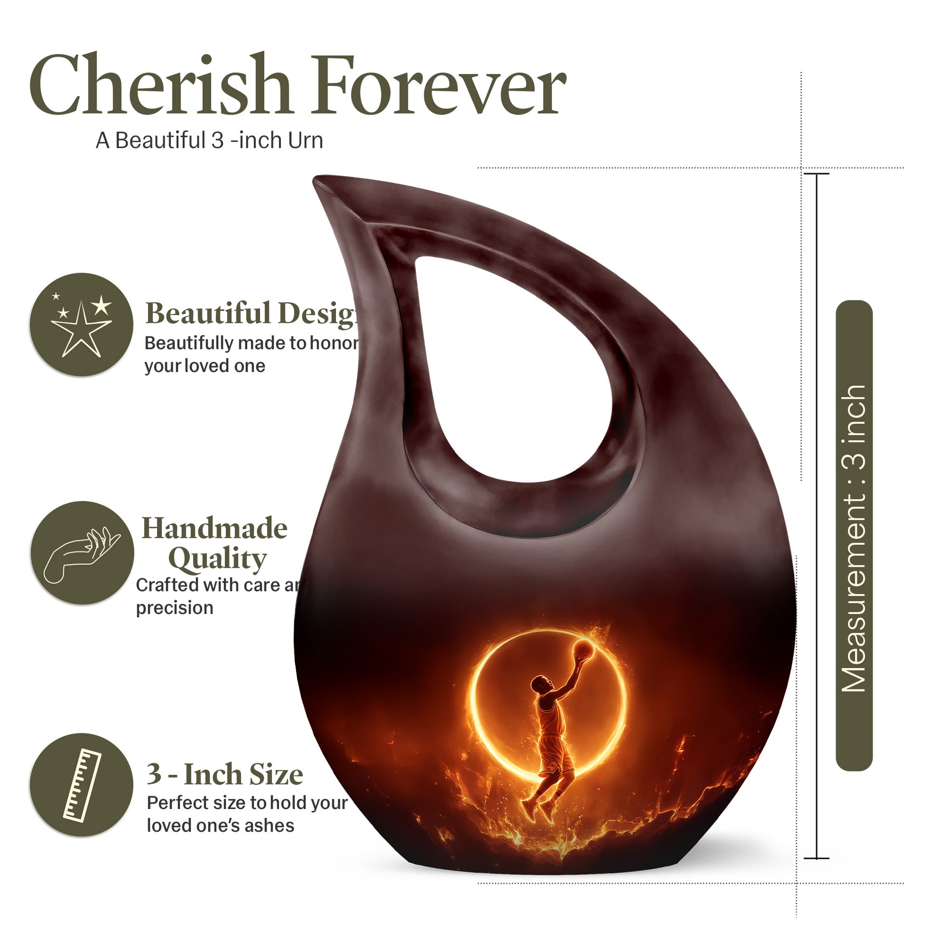 Jet Black Basketball Cremation Urn back view with polished surface - cross and basketball combined in spiritual memorial design - mini keepsake memorial for portion of cremation ashes