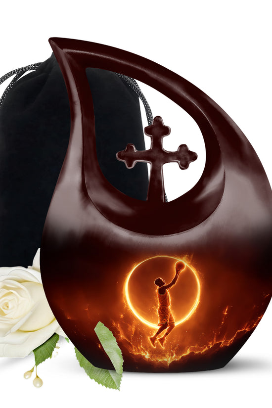 Glossy Black Basketball Cremation Urn top-down view of secure threaded lid - sacred cross merged with basketball motif on metal - full-size 10 inch 200 cubic inch adult cremation urn
