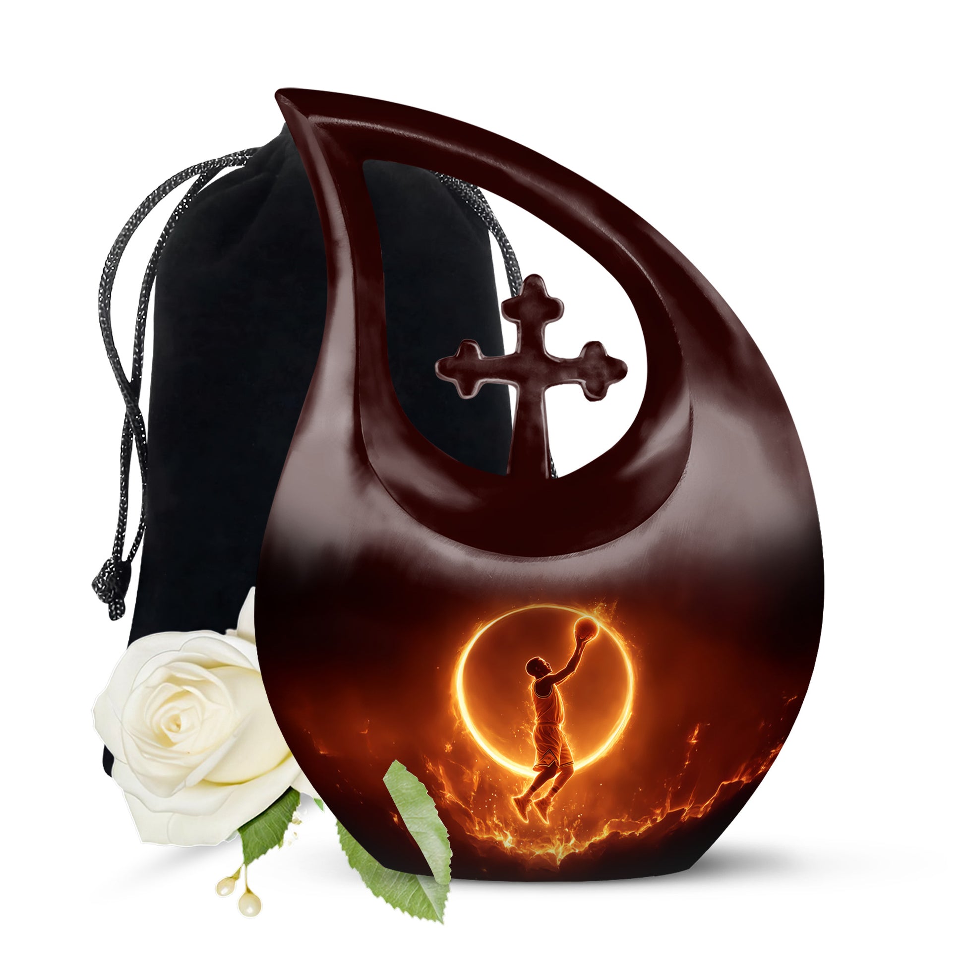 Glossy Black Basketball Cremation Urn top-down view of secure threaded lid - sacred cross merged with basketball motif on metal - full-size 10 inch 200 cubic inch adult cremation urn