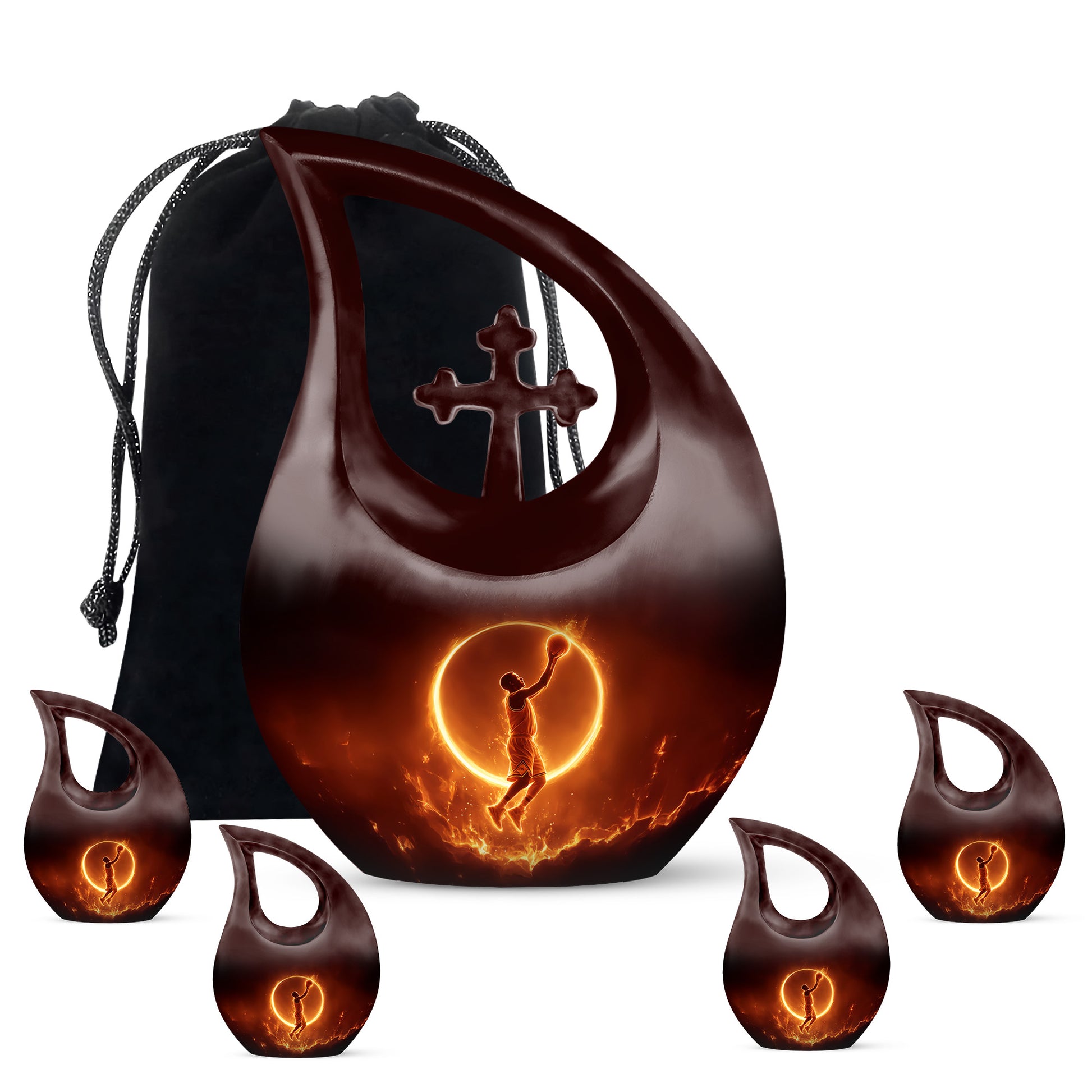 Deep Black Basketball Cremation Urn urn with complimentary velvet bag - cross and basketball combined in spiritual memorial design - memorial set with one large and four small urns