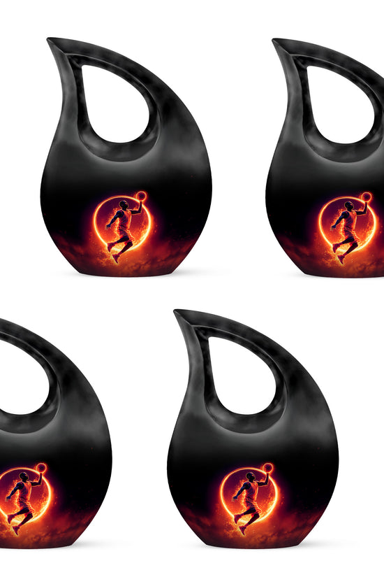 Deep Black Basketball Cremation Urn lifestyle display on memorial shelf - cross and basketball combined in spiritual memorial design - 10 inch aluminum urn for cremated remains