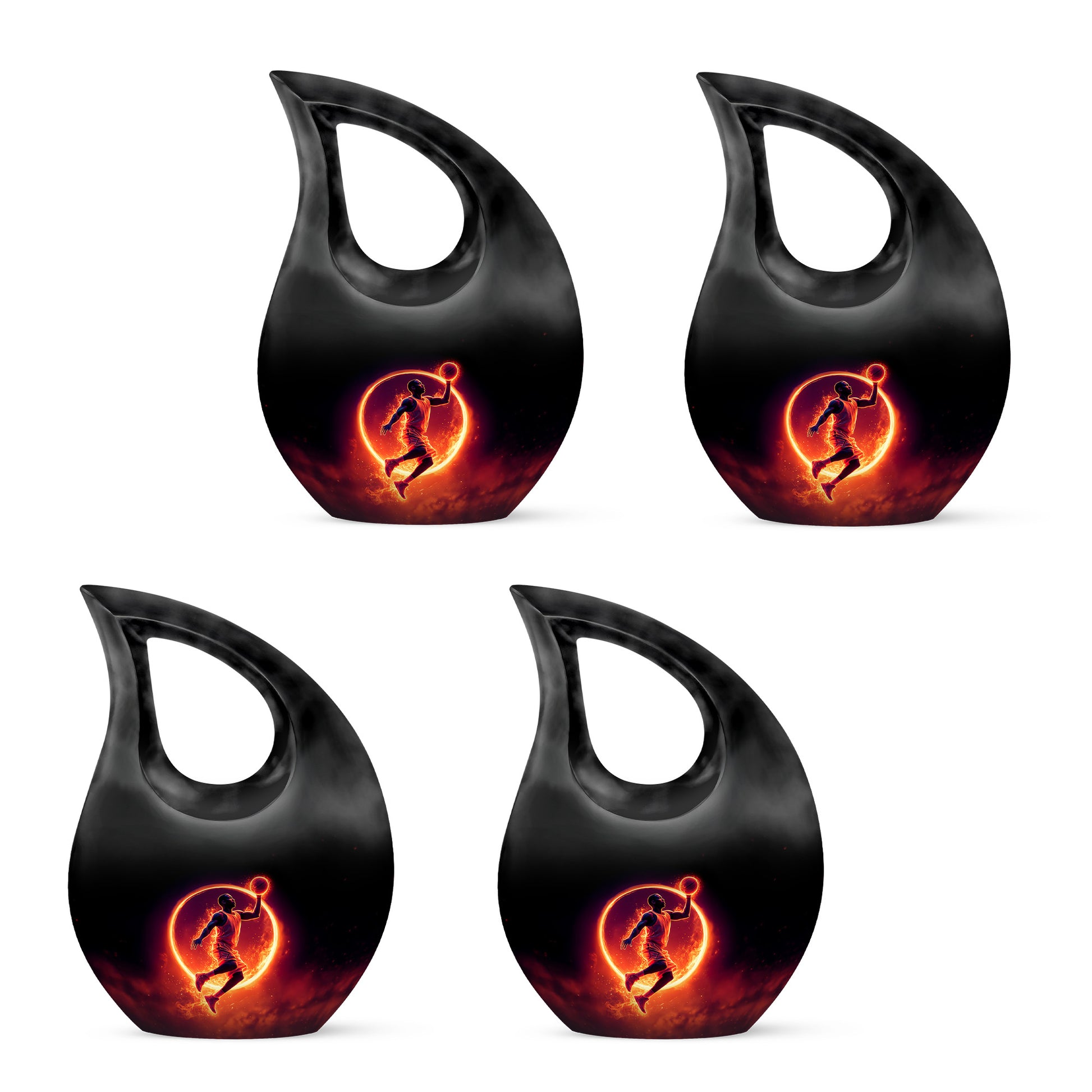 Deep Black Basketball Cremation Urn lifestyle display on memorial shelf - cross and basketball combined in spiritual memorial design - 10 inch aluminum urn for cremated remains