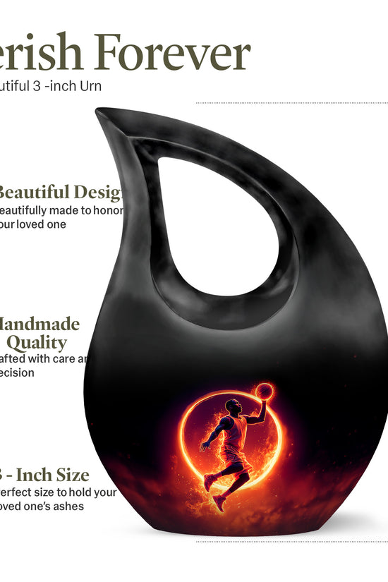 Ebony Basketball Cremation Urn back view with polished surface - cross and basketball combined in spiritual memorial design - mini keepsake memorial for portion of cremation ashes