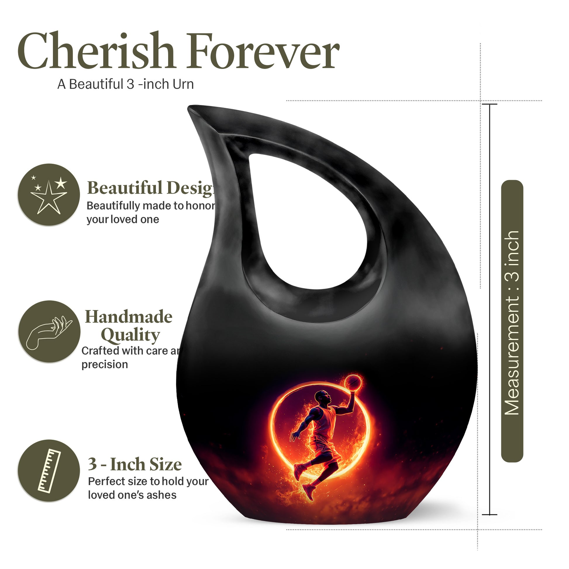 Ebony Basketball Cremation Urn back view with polished surface - cross and basketball combined in spiritual memorial design - mini keepsake memorial for portion of cremation ashes
