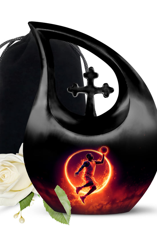 Rich Black Basketball Cremation Urn top-down view of secure threaded lid - sacred cross merged with basketball motif on metal - full-size 10 inch 200 cubic inch adult cremation urn