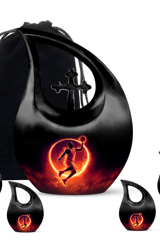 Deep Black Basketball Cremation Urn urn with complimentary velvet bag - sacred cross merged with basketball motif on metal - memorial set with one large and four small urns