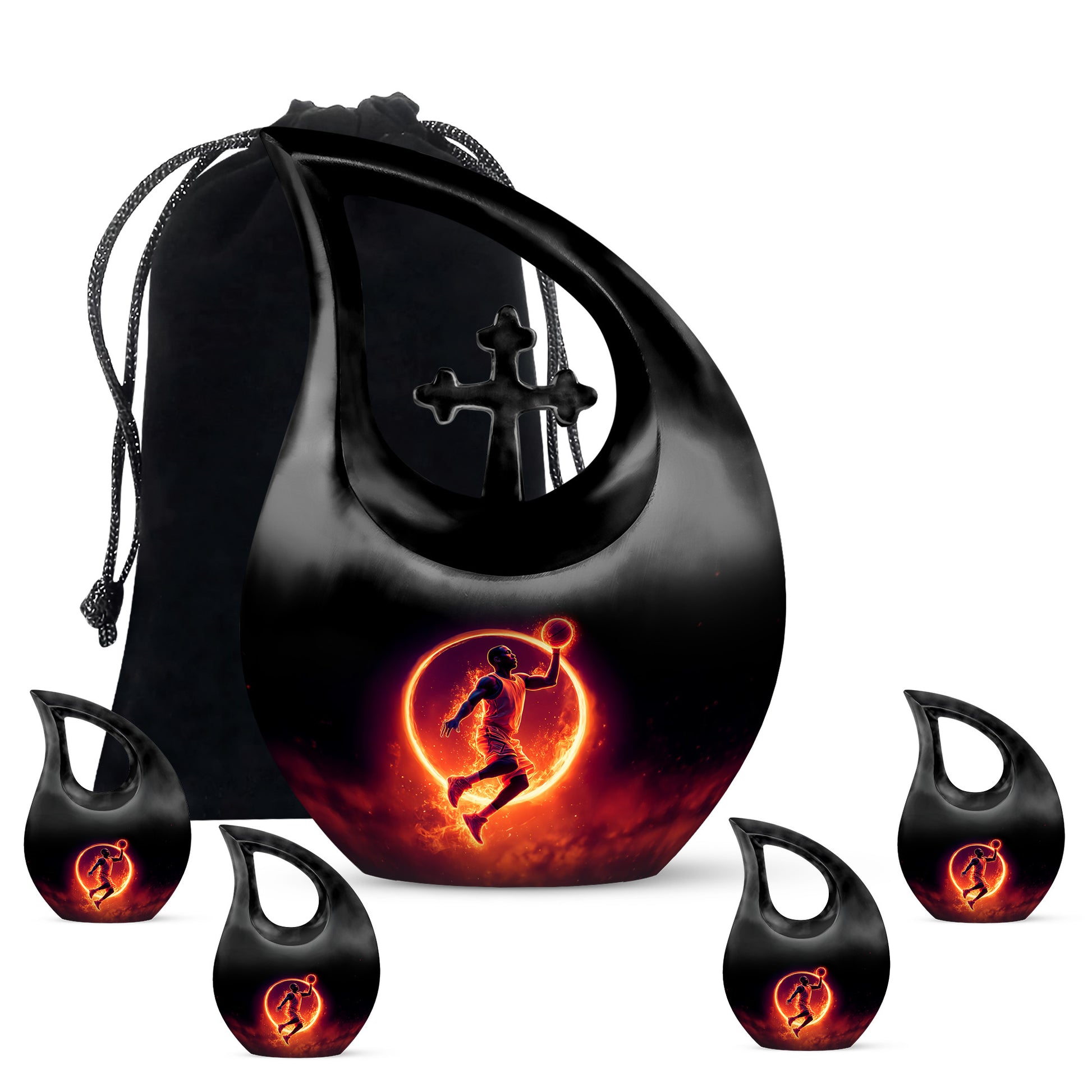 Deep Black Basketball Cremation Urn urn with complimentary velvet bag - sacred cross merged with basketball motif on metal - memorial set with one large and four small urns