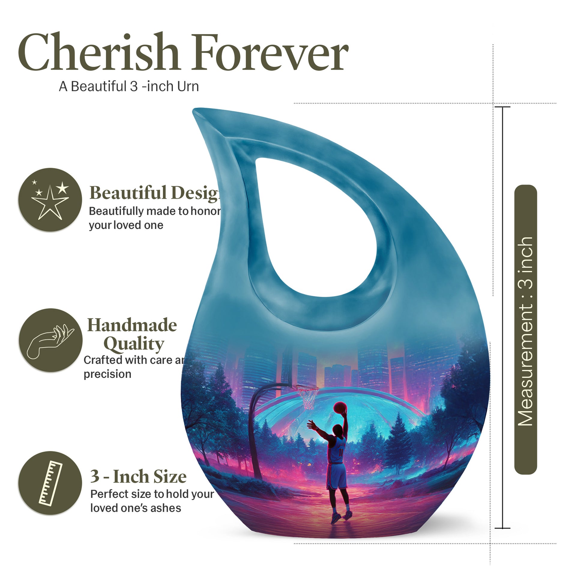 Wine Red Basketball Cremation Urn back view with polished surface - sacred cross merged with basketball motif on metal - mini keepsake memorial for portion of cremation ashes