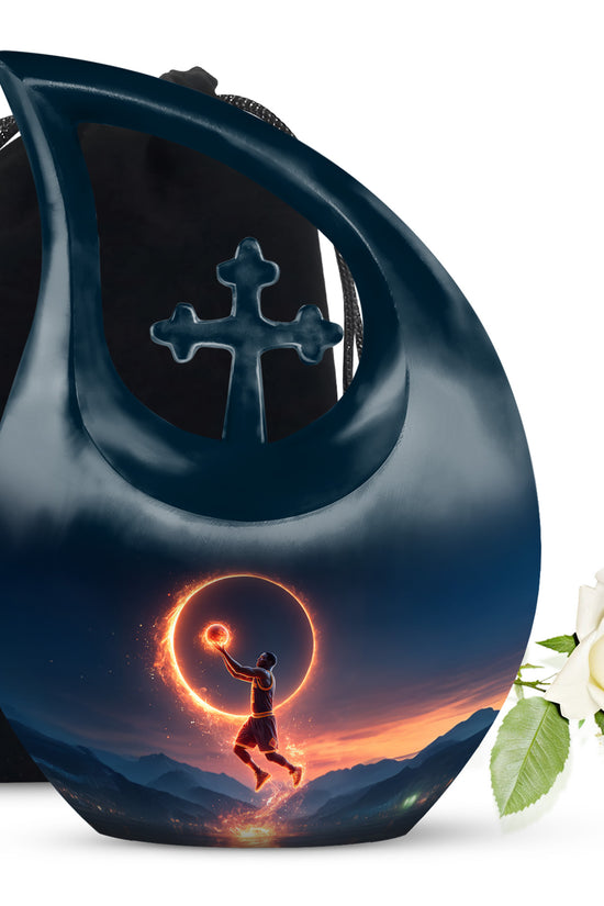 Pastel Blue Basketball Cremation Urn top-down view of secure threaded lid - cross and basketball combined in spiritual memorial design - full-size 10 inch 200 cubic inch adult cremation urn