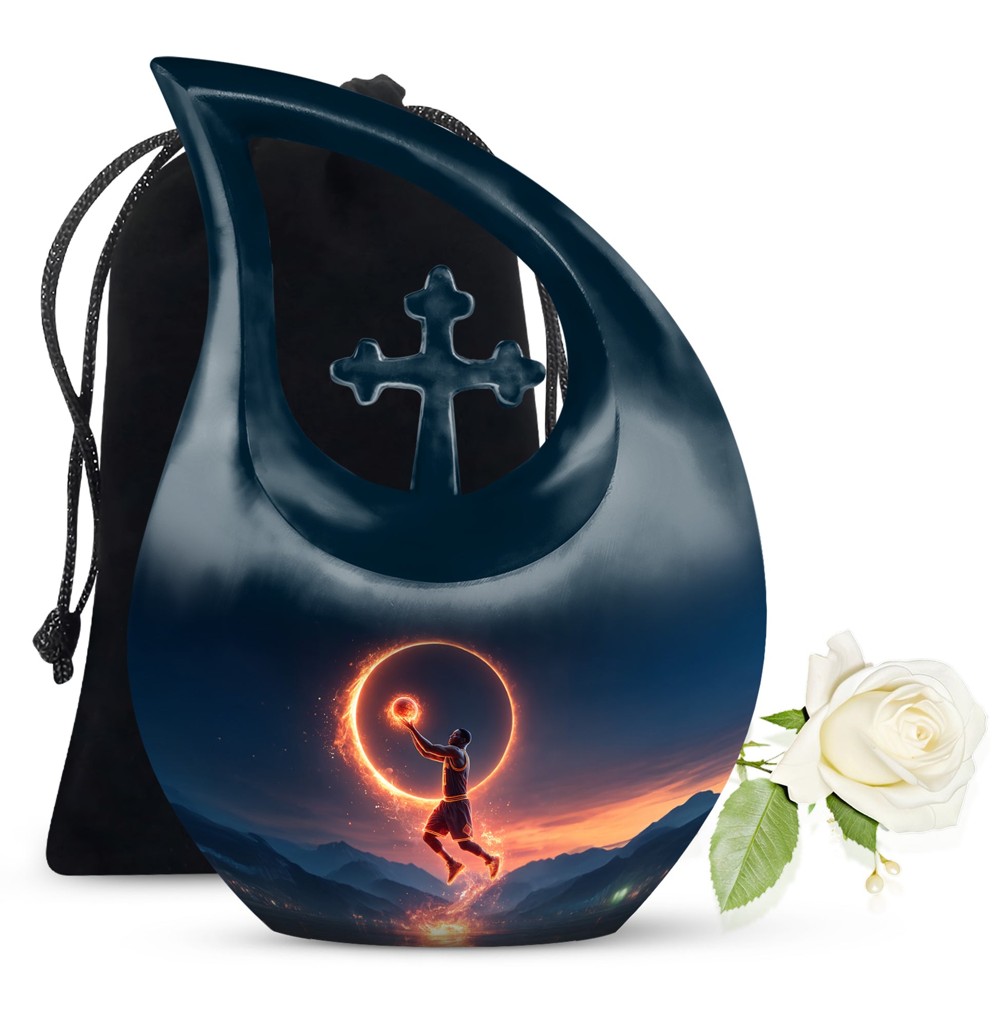 Pastel Blue Basketball Cremation Urn top-down view of secure threaded lid - cross and basketball combined in spiritual memorial design - full-size 10 inch 200 cubic inch adult cremation urn