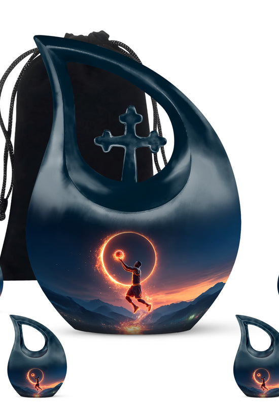 Pastel Blue Basketball Cremation Urn urn with complimentary velvet bag - sacred cross merged with basketball motif on metal - memorial set with one large and four small urns