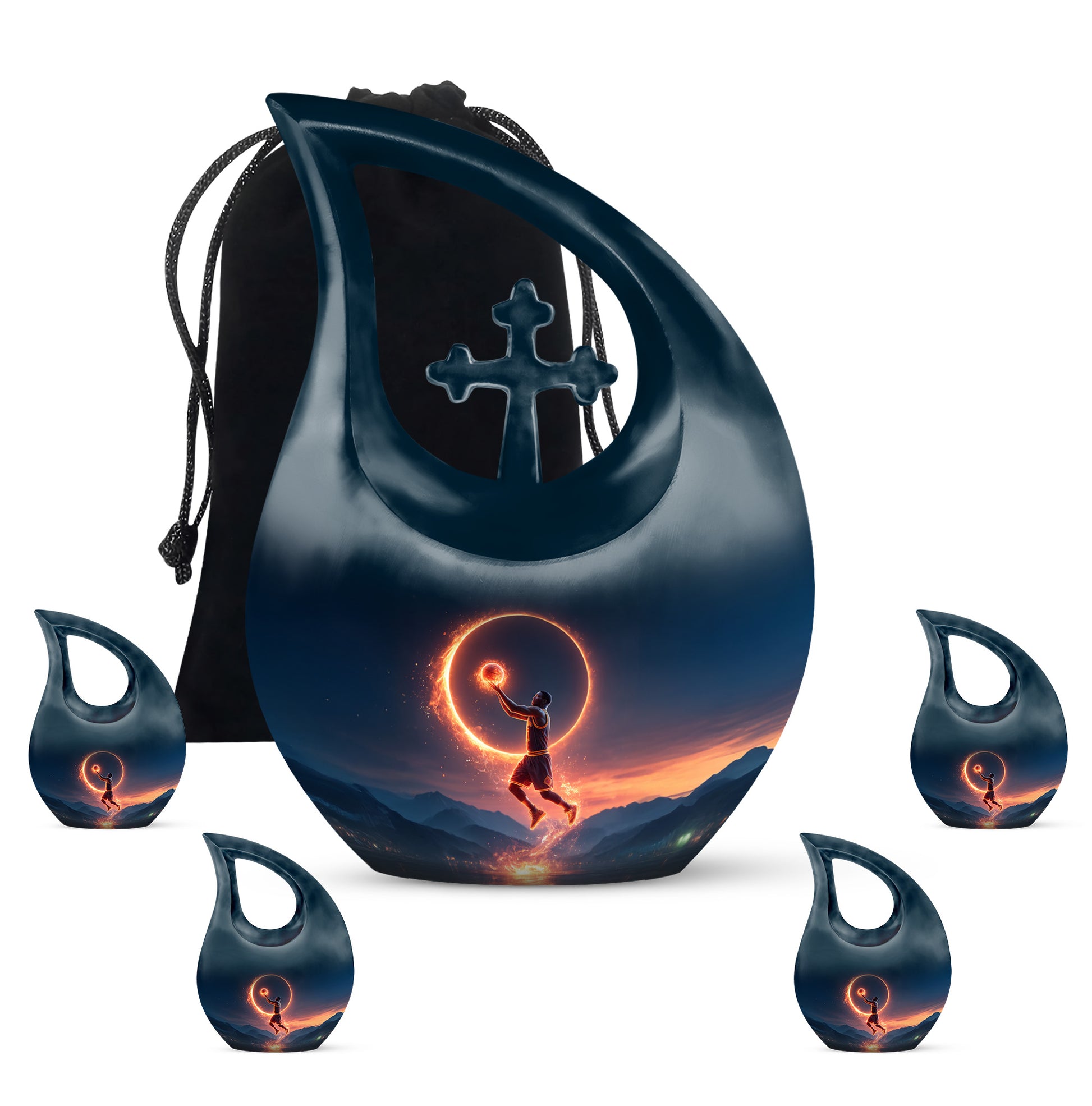 Pastel Blue Basketball Cremation Urn urn with complimentary velvet bag - sacred cross merged with basketball motif on metal - memorial set with one large and four small urns