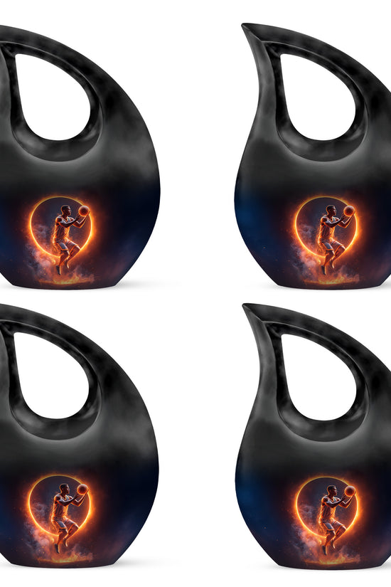 Glossy Black Basketball Cremation Urn lifestyle display on memorial shelf - cross and basketball combined in spiritual memorial design - 10 inch aluminum urn for cremated remains