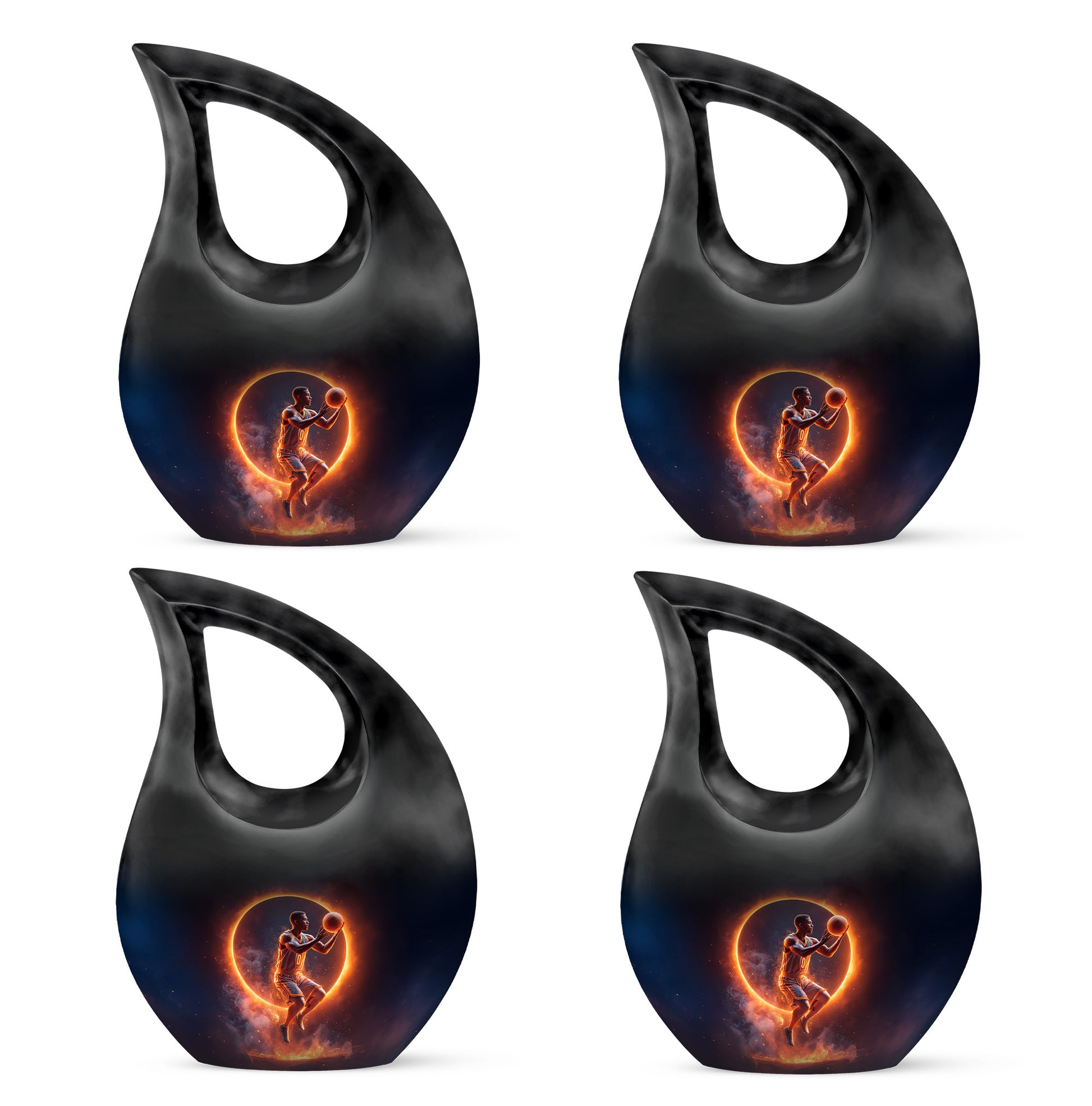 Glossy Black Basketball Cremation Urn lifestyle display on memorial shelf - cross and basketball combined in spiritual memorial design - 10 inch aluminum urn for cremated remains