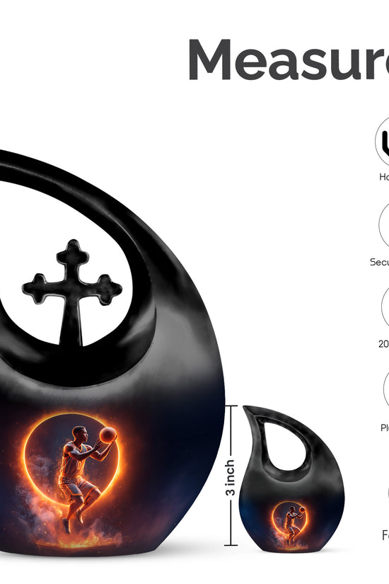 Obsidian Black Basketball Cremation Urn back view with polished surface - faith-inspired cross-drop urn with basketball pattern - mini keepsake memorial for portion of cremation ashes