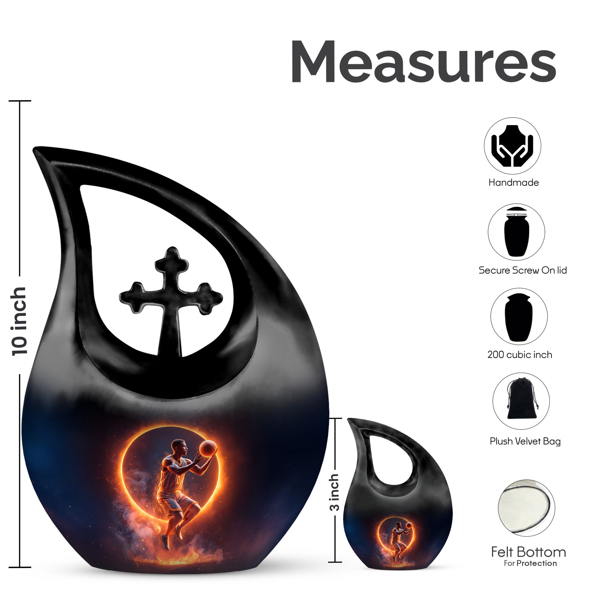 Obsidian Black Basketball Cremation Urn back view with polished surface - faith-inspired cross-drop urn with basketball pattern - mini keepsake memorial for portion of cremation ashes