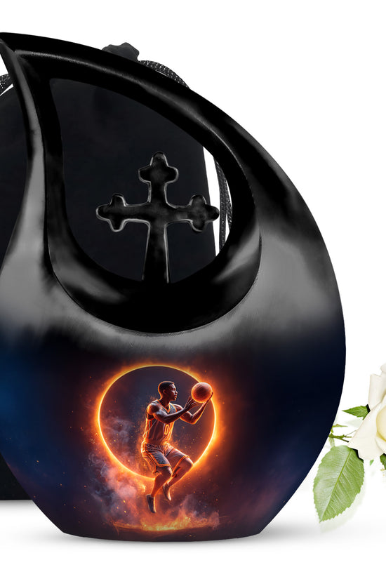 Ebony Basketball Cremation Urn top-down view of secure threaded lid - cross and basketball combined in spiritual memorial design - full-size 10 inch 200 cubic inch adult cremation urn