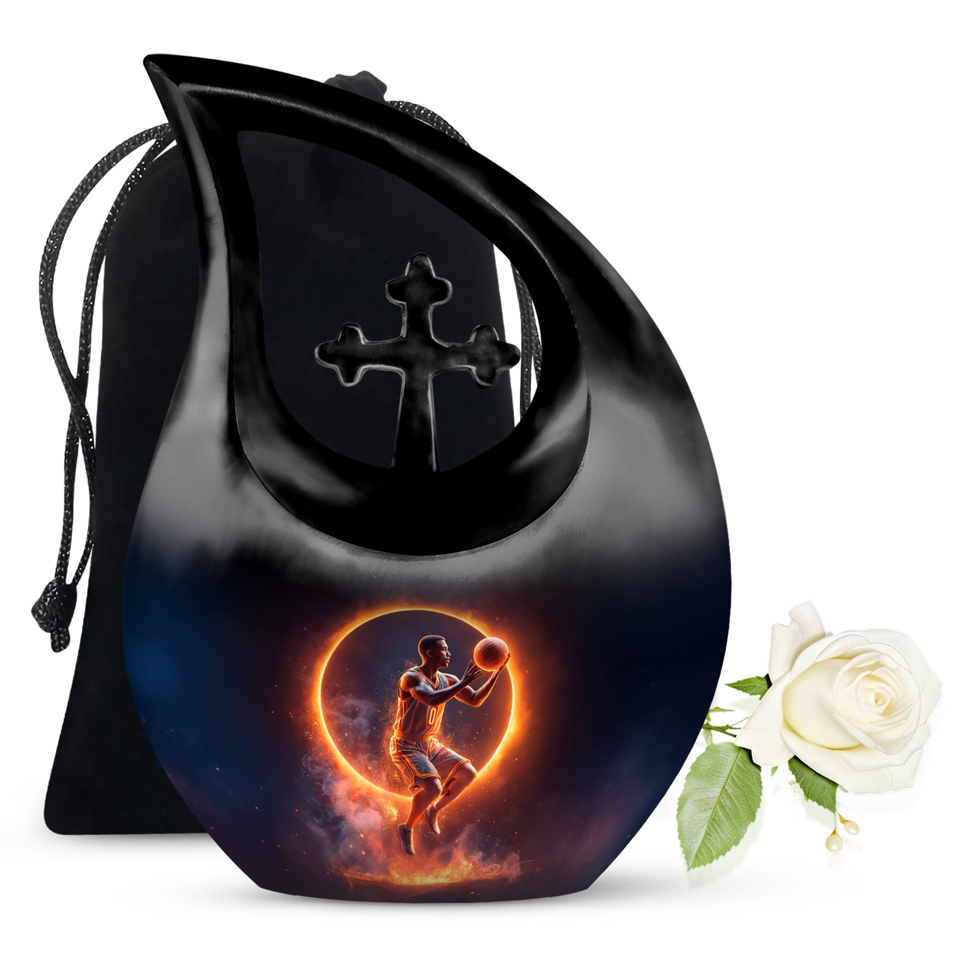 Ebony Basketball Cremation Urn top-down view of secure threaded lid - cross and basketball combined in spiritual memorial design - full-size 10 inch 200 cubic inch adult cremation urn