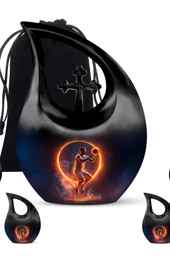 Glossy Black Basketball Cremation Urn urn with complimentary velvet bag - sacred cross merged with basketball motif on metal - memorial set with one large and four small urns