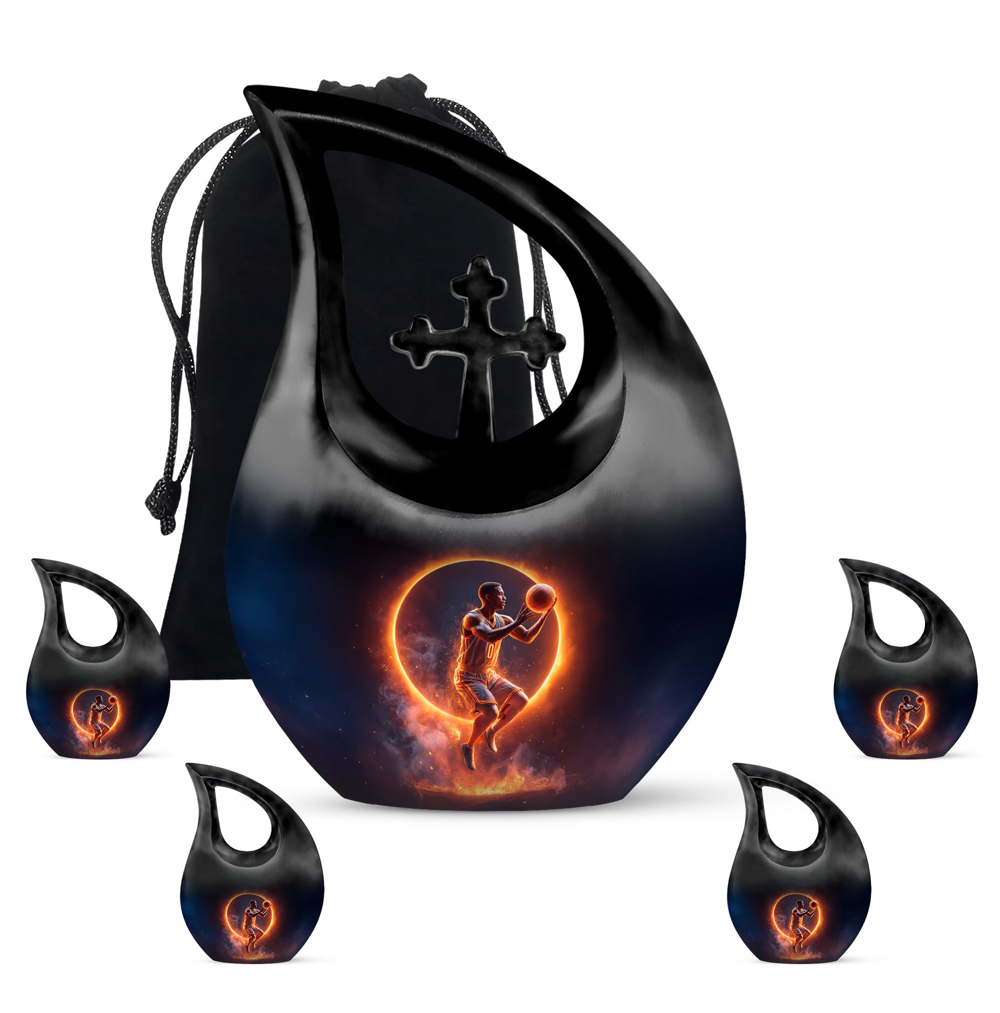 Glossy Black Basketball Cremation Urn urn with complimentary velvet bag - sacred cross merged with basketball motif on metal - memorial set with one large and four small urns