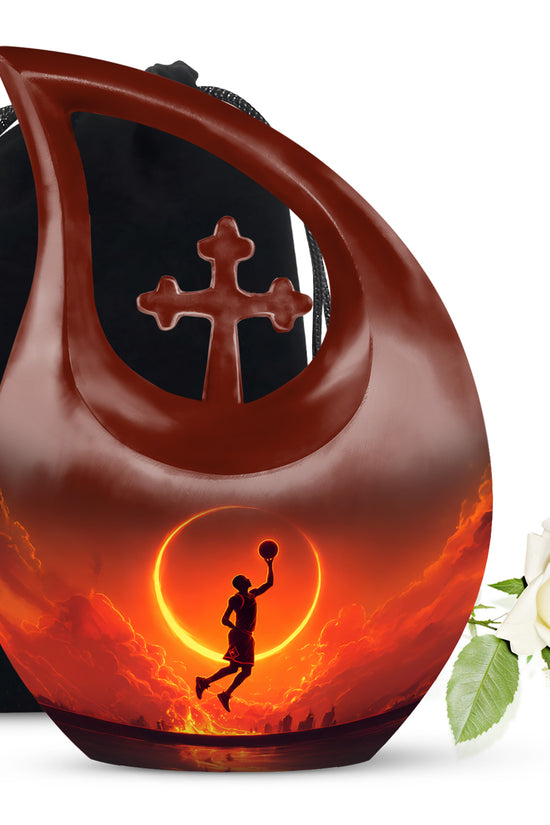 Midnight Black Basketball Cremation Urn top-down view of secure threaded lid - faith-inspired cross-drop urn with basketball pattern - full-size 10 inch 200 cubic inch adult cremation urn