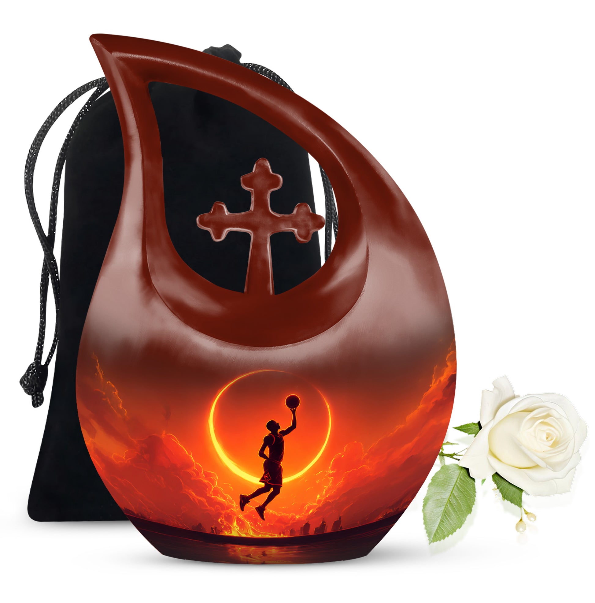 Midnight Black Basketball Cremation Urn top-down view of secure threaded lid - faith-inspired cross-drop urn with basketball pattern - full-size 10 inch 200 cubic inch adult cremation urn