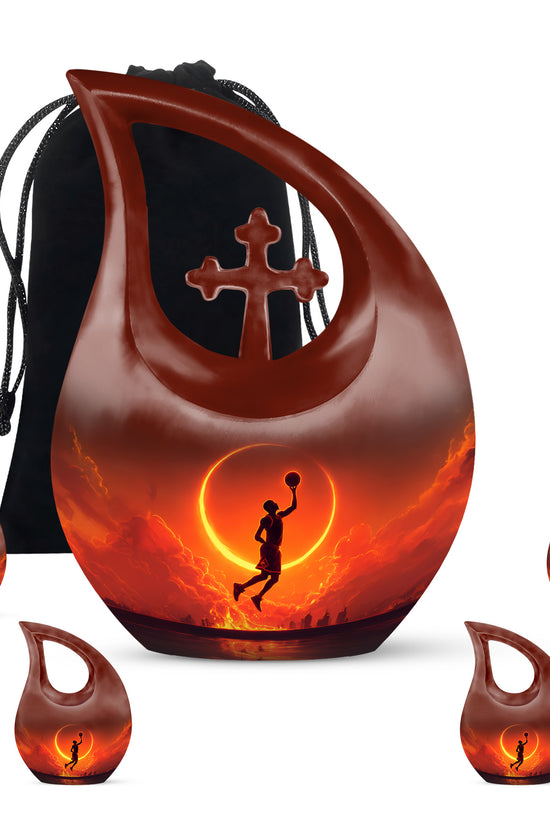 Onyx Black Basketball Cremation Urn urn with complimentary velvet bag - devotional cross-drop basketball engraving - memorial set with one large and four small urns