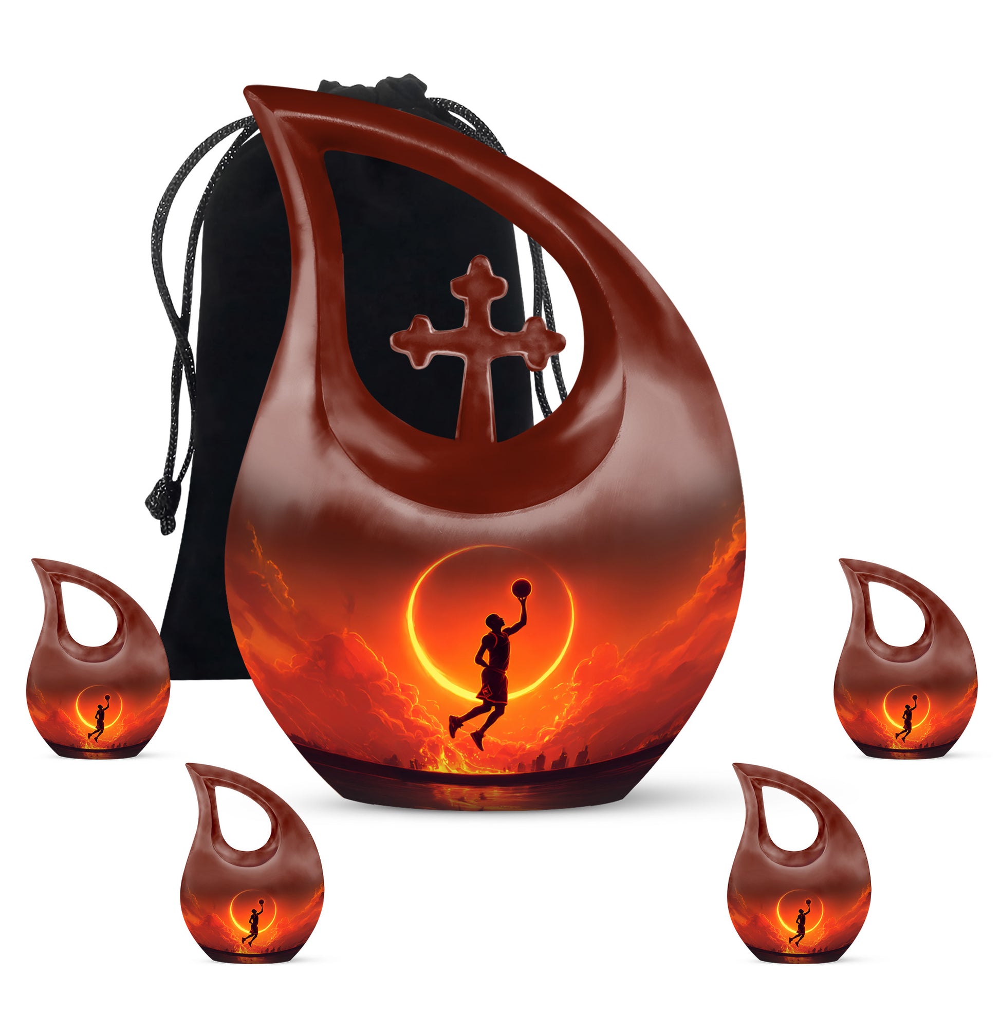 Onyx Black Basketball Cremation Urn urn with complimentary velvet bag - devotional cross-drop basketball engraving - memorial set with one large and four small urns