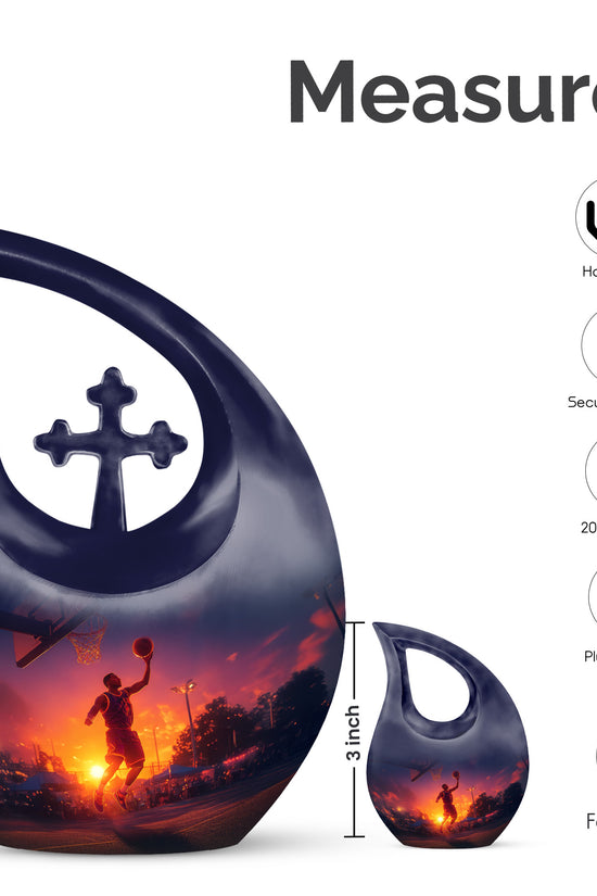 Navy Blue Basketball Cremation Urn back view with polished surface - sacred cross merged with basketball motif on metal - mini keepsake memorial for portion of cremation ashes