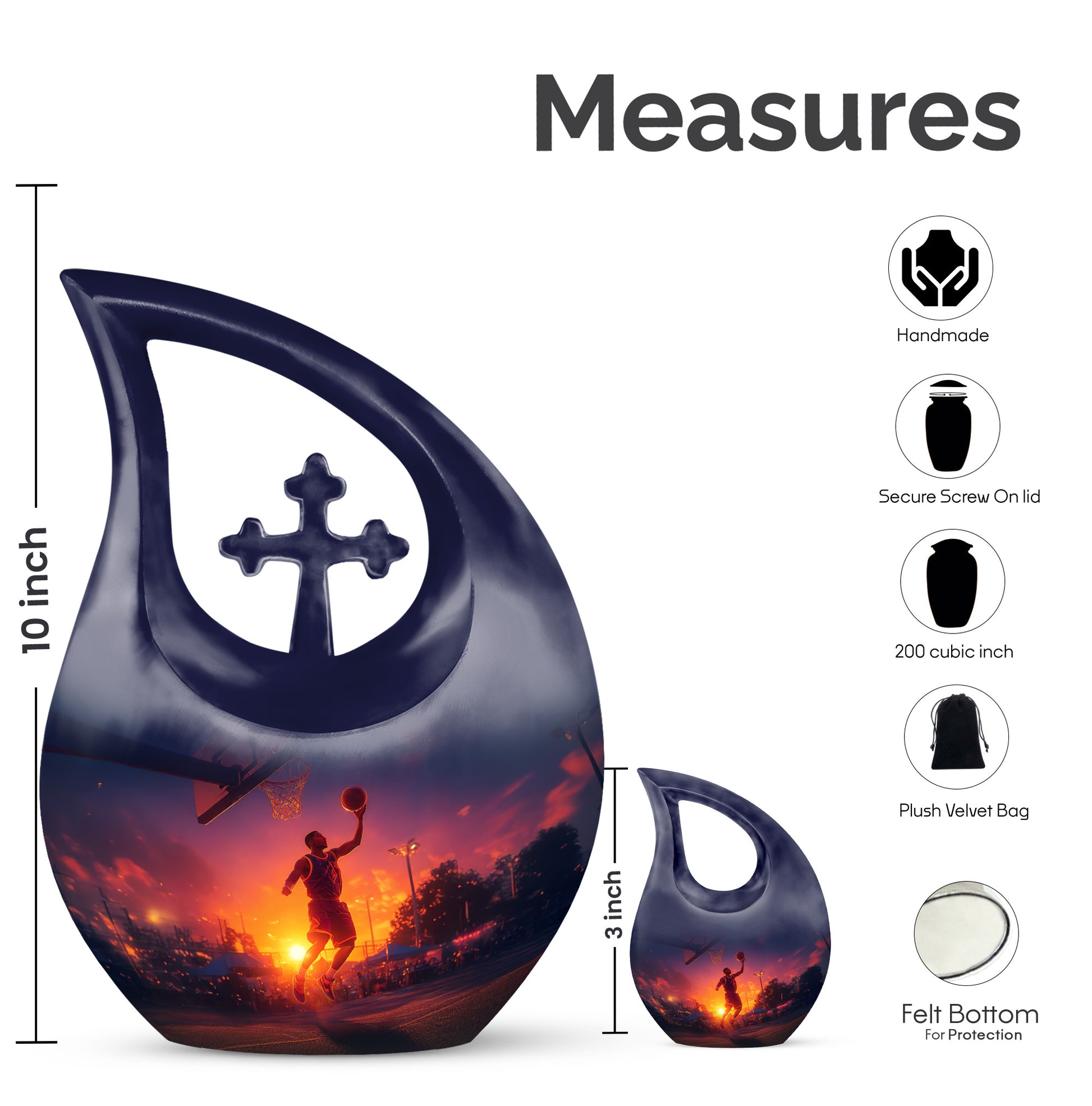 Navy Blue Basketball Cremation Urn back view with polished surface - sacred cross merged with basketball motif on metal - mini keepsake memorial for portion of cremation ashes