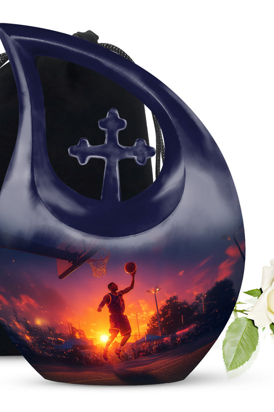 Vivid Blue Basketball Cremation Urn top-down view of secure threaded lid - faith-inspired cross-drop urn with basketball pattern - full-size 10 inch 200 cubic inch adult cremation urn