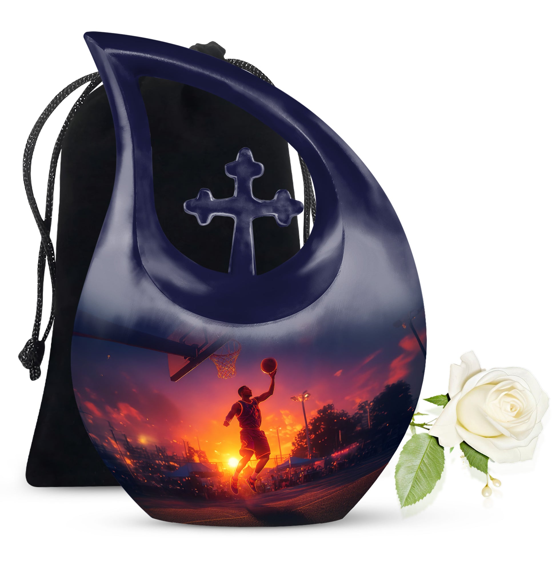 Vivid Blue Basketball Cremation Urn top-down view of secure threaded lid - faith-inspired cross-drop urn with basketball pattern - full-size 10 inch 200 cubic inch adult cremation urn
