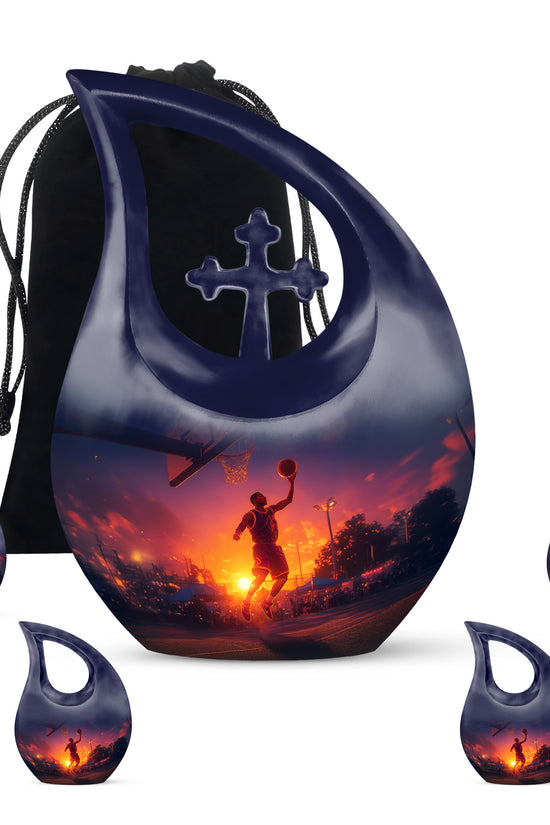 Vivid Blue Basketball Cremation Urn urn with complimentary velvet bag - faith-inspired cross-drop urn with basketball pattern - memorial set with one large and four small urns
