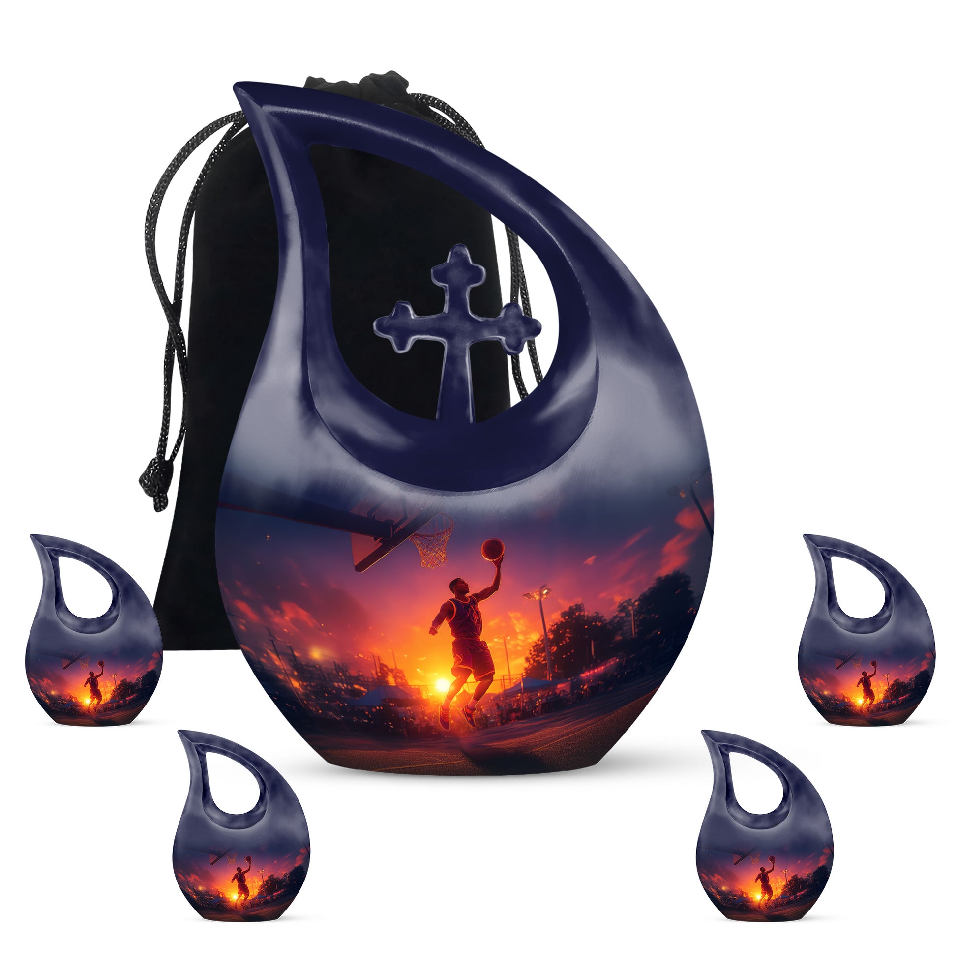 Vivid Blue Basketball Cremation Urn urn with complimentary velvet bag - faith-inspired cross-drop urn with basketball pattern - memorial set with one large and four small urns