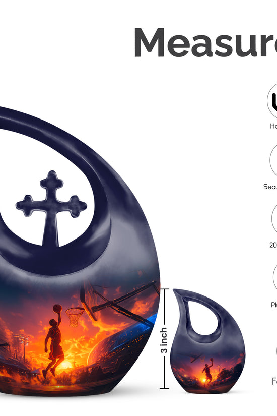 Azure Basketball Cremation Urn back view with polished surface - sacred cross merged with basketball motif on metal - mini keepsake memorial for portion of cremation ashes