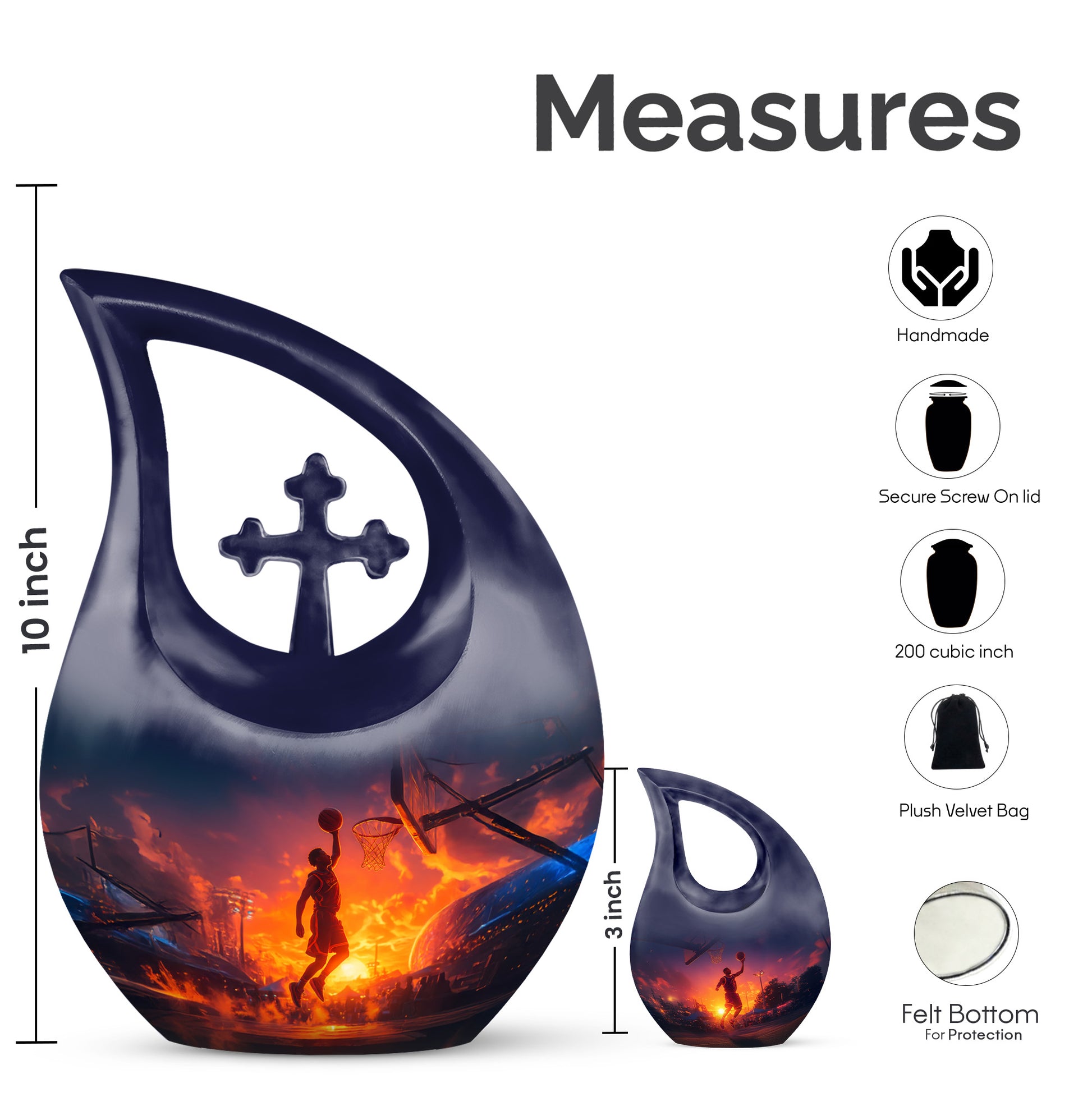 Azure Basketball Cremation Urn back view with polished surface - sacred cross merged with basketball motif on metal - mini keepsake memorial for portion of cremation ashes